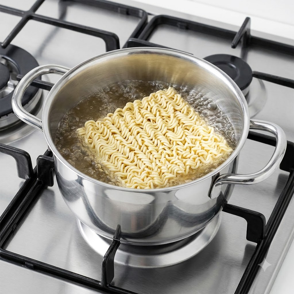 Ein Block Ramen-Nudeln liegt in der blubbernden, goldenen Meeresfrüchtesuppe.