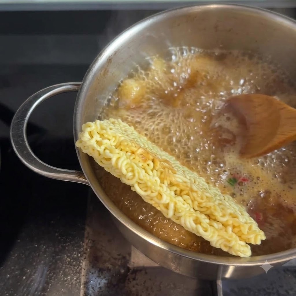 Stäbchen wenden Ramen-Nudeln und Zutaten in einem köchelnden Topf mit Brühe.