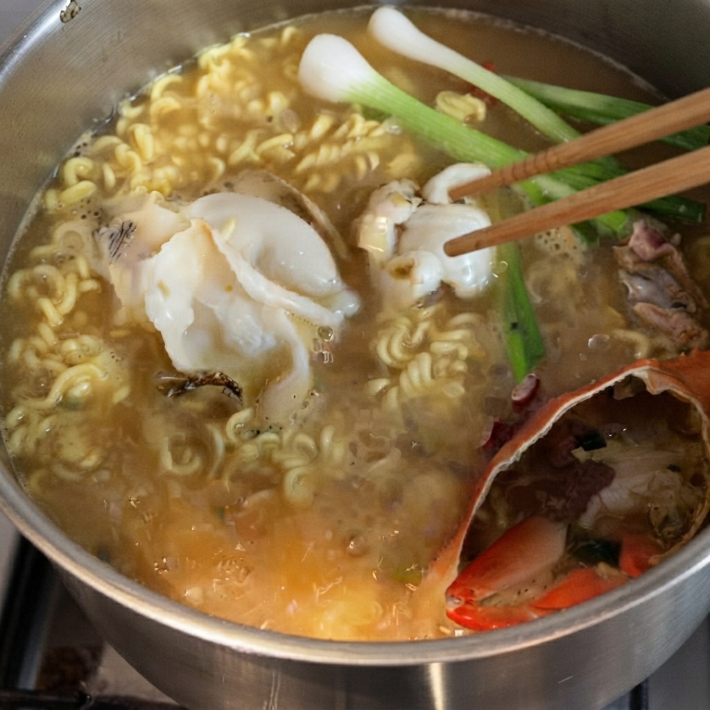 Frühlingszwiebeln, in Scheiben geschnittene Abalone und Rindfleischscheiben werden mit Stäbchen in die köchelnde Nudelsuppe gemischt.