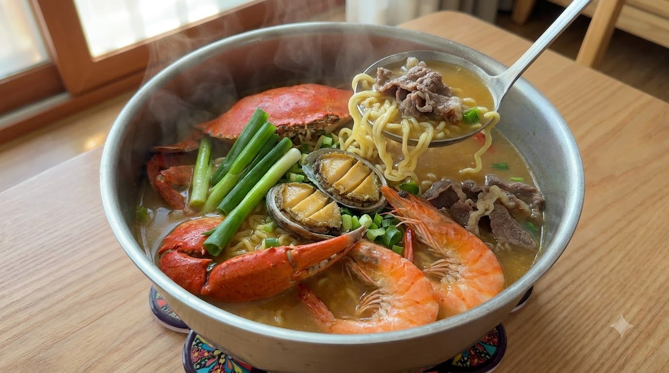 Eine luxuriöse Schüssel selbstgemachter Meeresfrüchte-Ramen, reichlich gefüllt mit frischer Krabbe, Garnelen, Abalone und zartem Rindfleisch in einer goldenen Brühe.