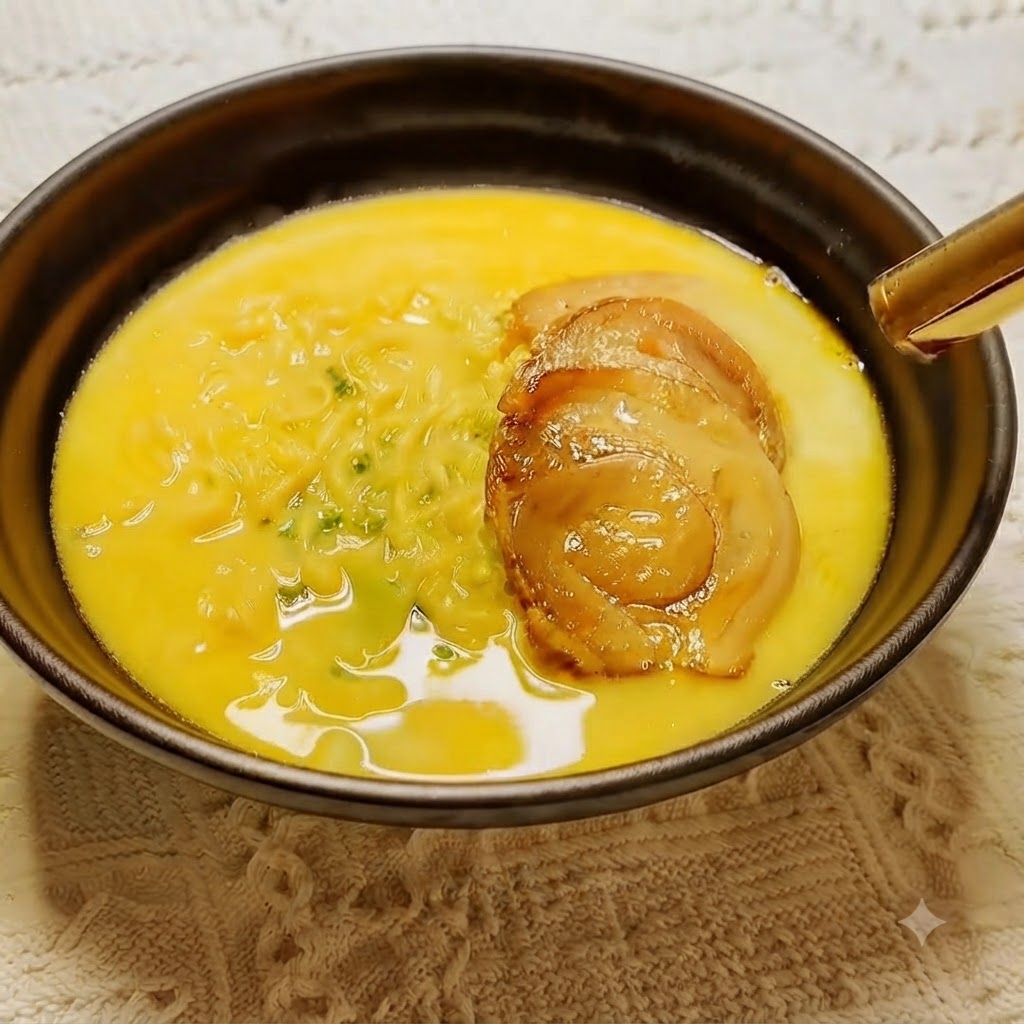 Chashu-Schweinefleischscheiben in einer Nudelschüssel werden mit einem Küchenbrenner gebräunt.