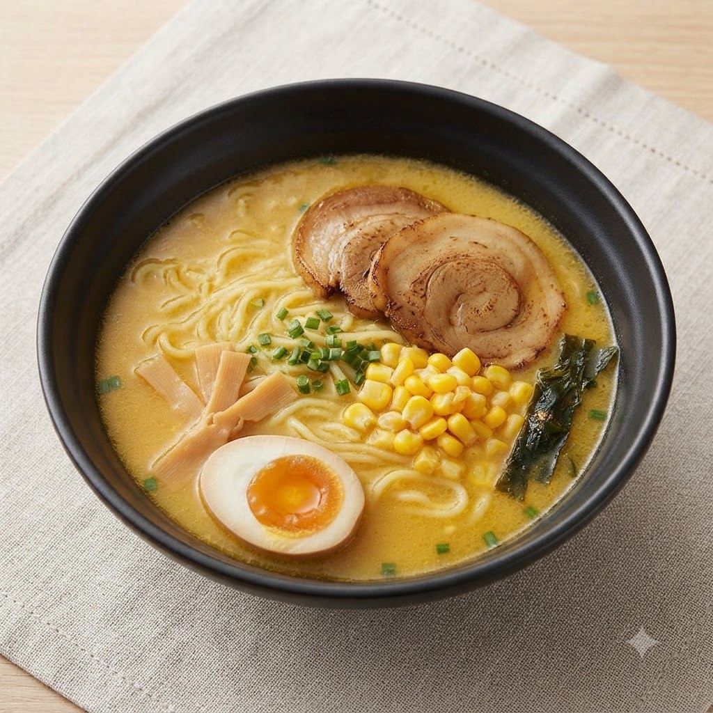 Ein Holzlöffel gibt gelbe Zuckermaiskörner in eine Schüssel mit Ramen.