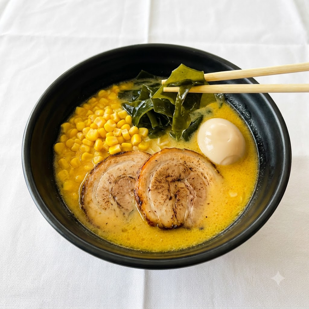 Essstäbchen platzieren dunkelgrüne Algenstreifen in einer Schüssel mit japanischen Ramen.