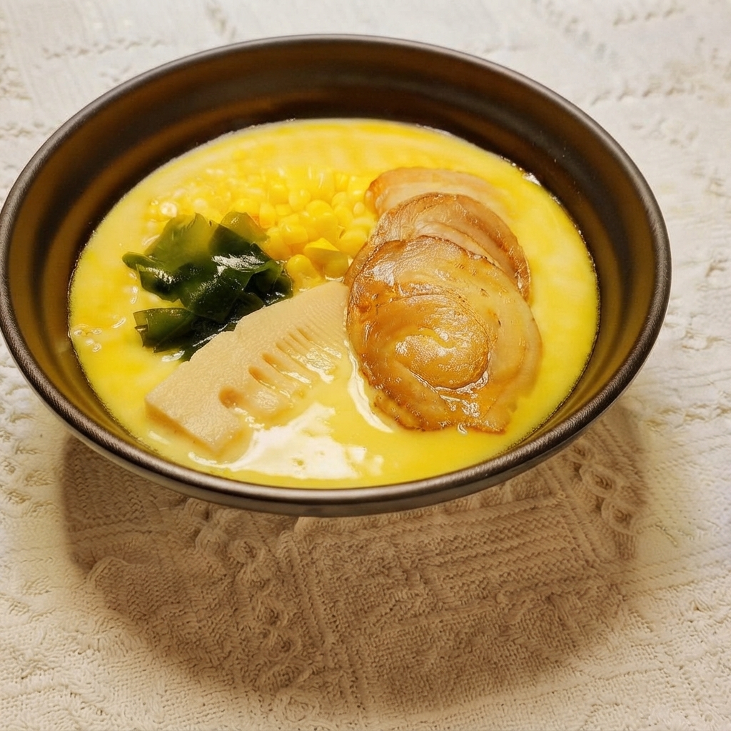 Eine Scheibe Bambussprosse wird in eine vorbereitete Schüssel mit Ramen-Nudeln gelegt.