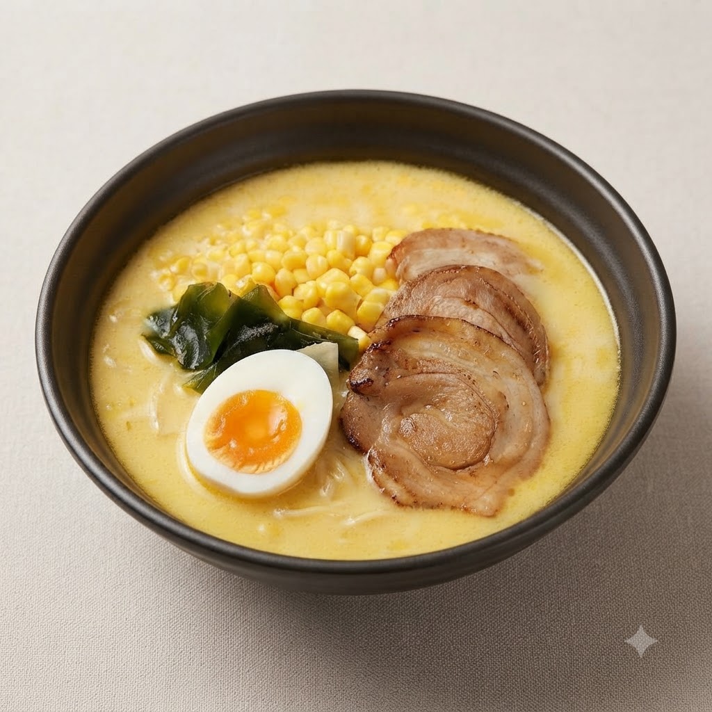 Ein halbiertes wachsweich gekochtes Ei mit leuchtendem, flüssigem Eigelb am Rand einer vollen Schüssel Ramen.