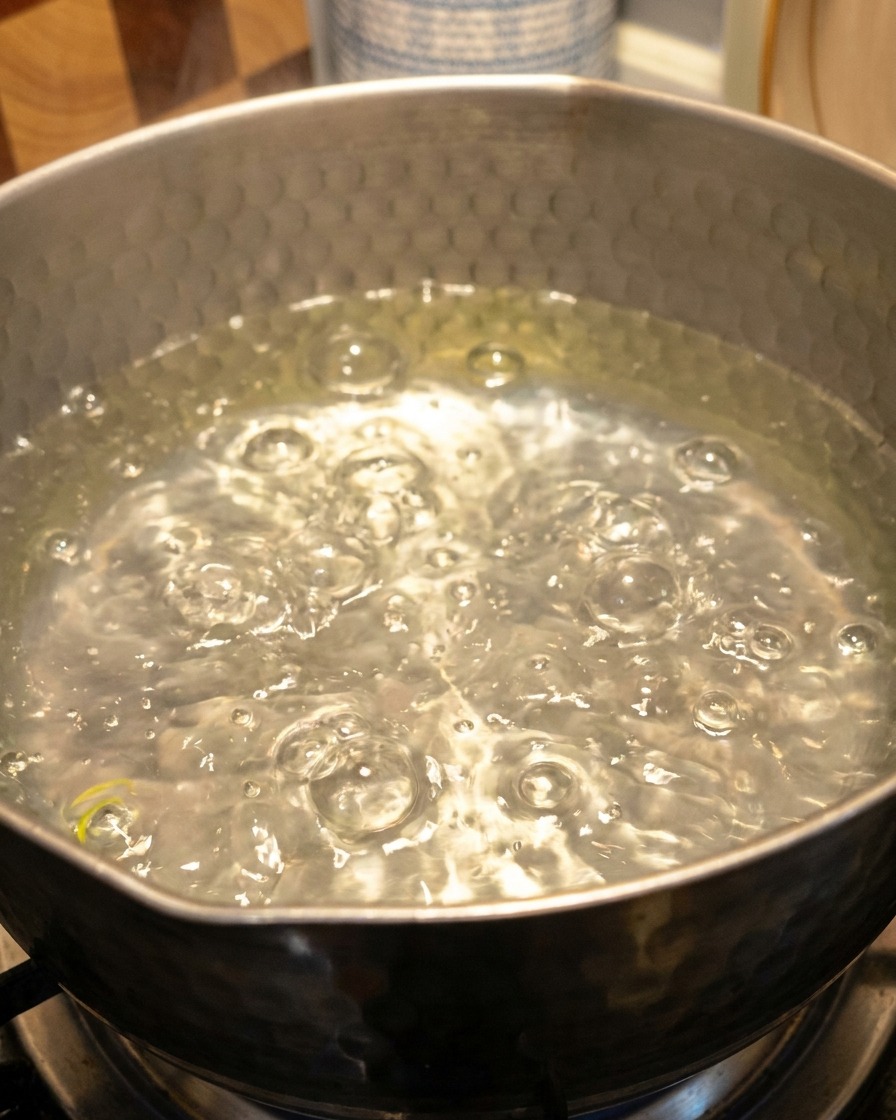 Grüner Seetang kocht in einem Topf mit Wasser.