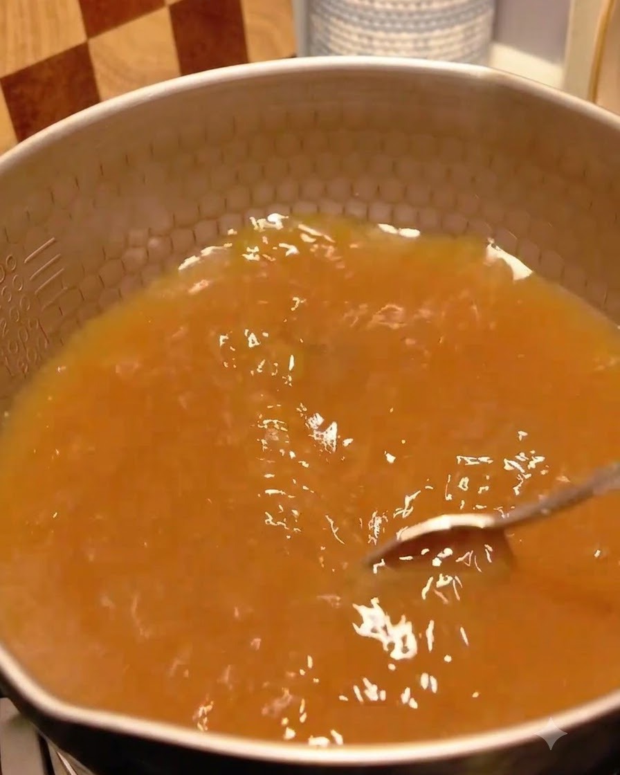 Weiße Sesamsamen fallen in einen Topf mit warmer, sprudelnder Miso-Brühe.