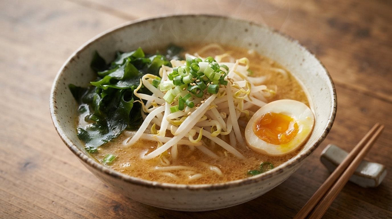 Eine dampfende Schüssel selbstgemachtes Miso-Ramen, garniert mit Mungobohnensprossen, grünem Seetang und einem weichgekochten Ei.