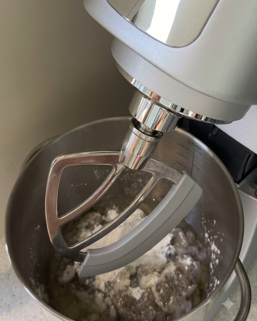 Eine Küchenmaschine mit Flachrührer vermischt gehackte Garnelen, Stärke und Flüssigkeiten in einer Edelstahlschüssel.