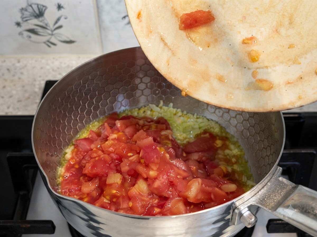 Sauce und sauberes Wasser werden in den Topf mit den angebratenen Tomaten gegossen.