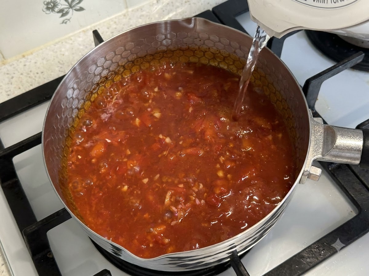 Udon-Nudeln, Gemüse, Garnelenpastenbällchen und fettes Rindfleisch werden in die kochende Tomatensuppe gegeben.