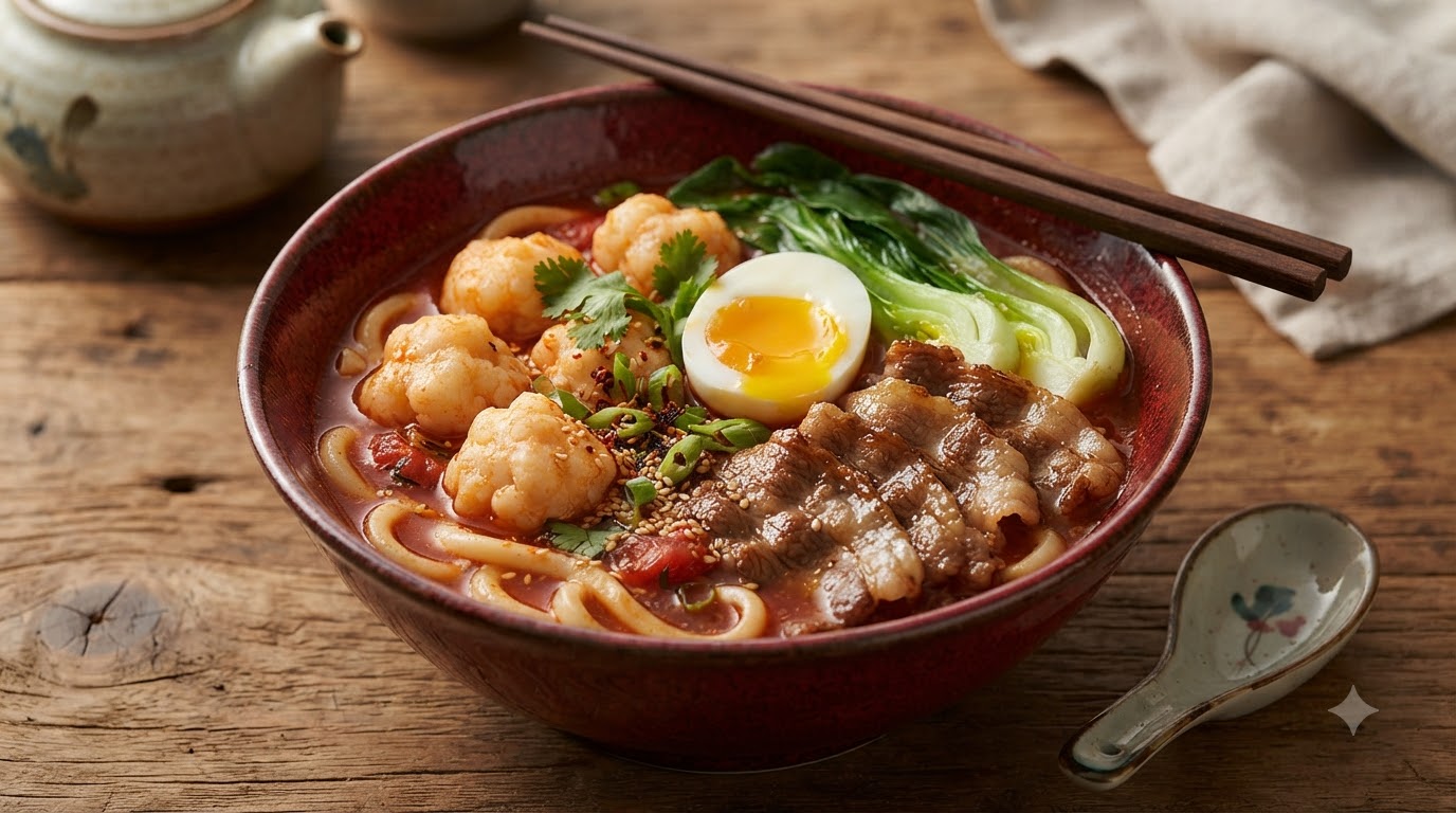 Tomaten-Rindfleisch-Udon mit hausgemachten Garnelenbällchen