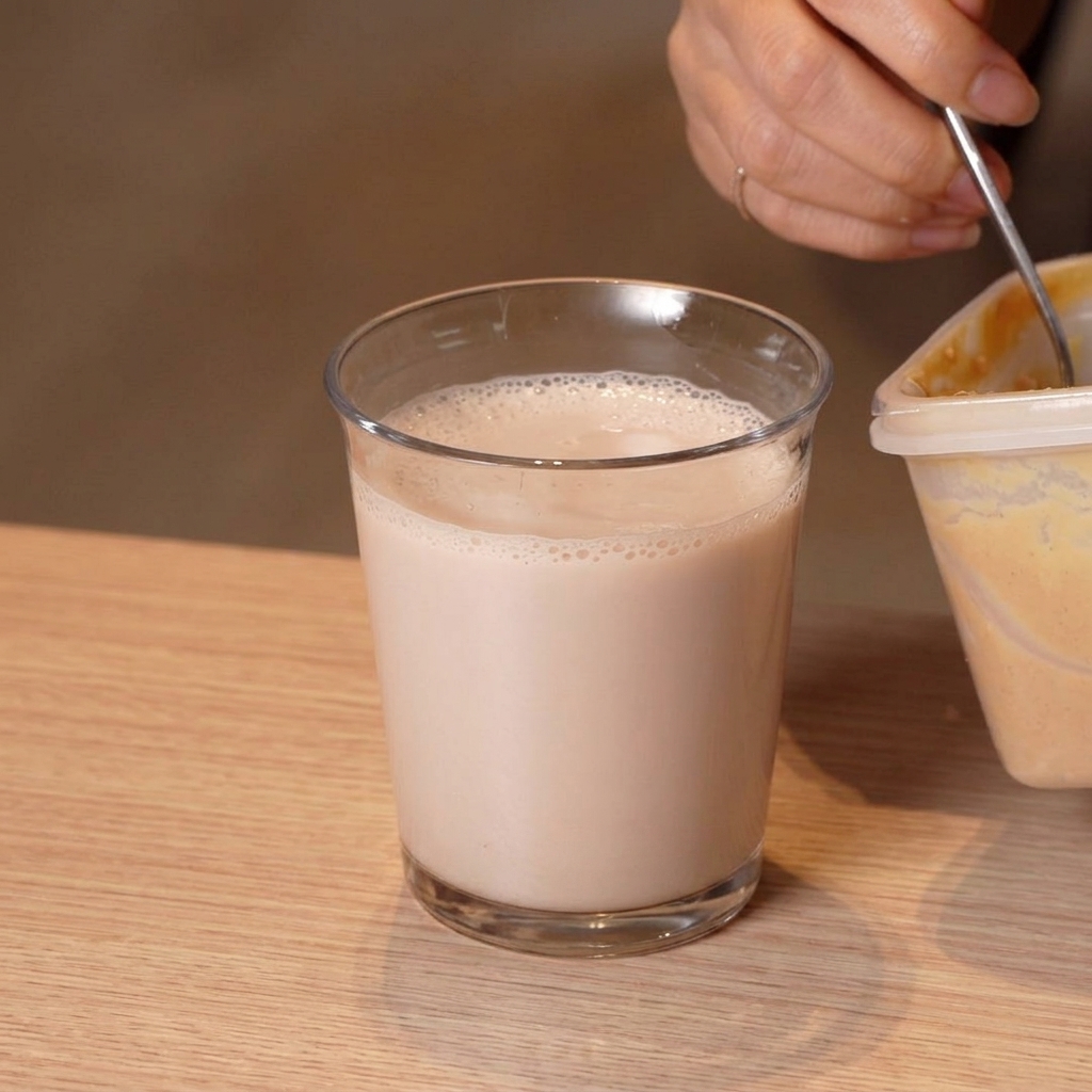 Ein Löffel Bio-Miso wird in ein Glas mit Mehrkorn-Sojamilch gerührt.