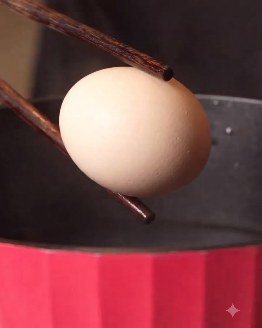 Ein Ei wird mit hölzernen Essstäbchen über heißes Wasser gehalten.