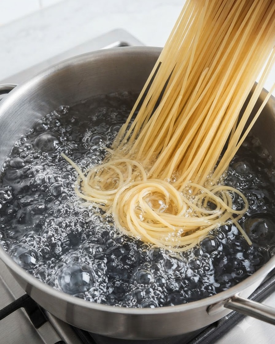 Ein Bündel frischer Ramen-Nudeln wird in einen Topf mit sprudelnd kochendem Wasser gegeben.