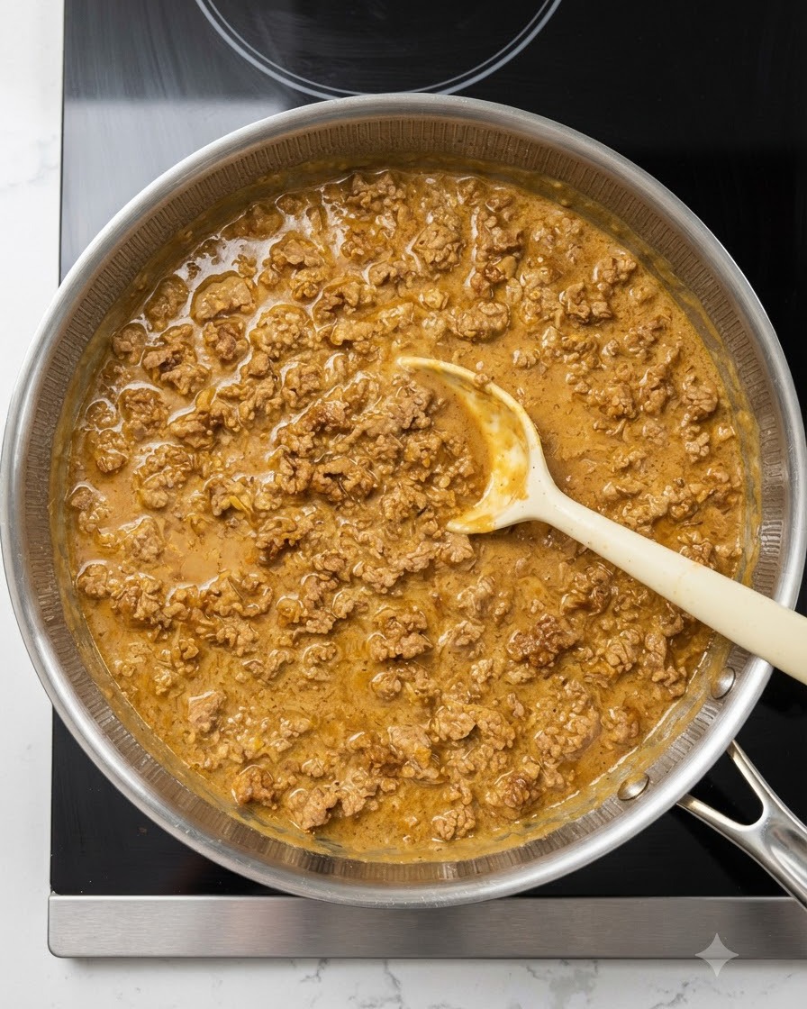 Ein hellgelber Löffel rührt eine cremige, blubbernde Fleisch-Sojamilch-Sauce in einer Edelstahlpfanne um.