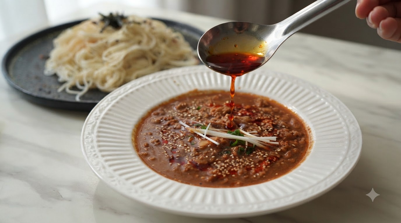 Ein Löffel leuchtend rotes Chiliöl wird über die reichhaltige Miso-Sojamilch-Fleischsauce geträufelt.