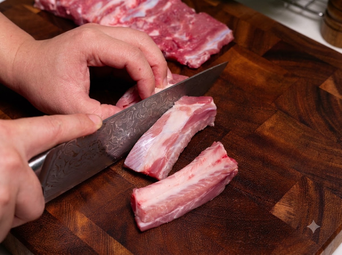 Ein scharfes Messer schneidet rohe Schweinerippchen auf einem Holzschneidebrett in kleinere Stücke.