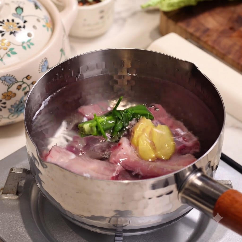 Rohe Schweinerippchen kochen in einem Edelstahltopf mit Frühlingszwiebeln und Ingwerscheiben.