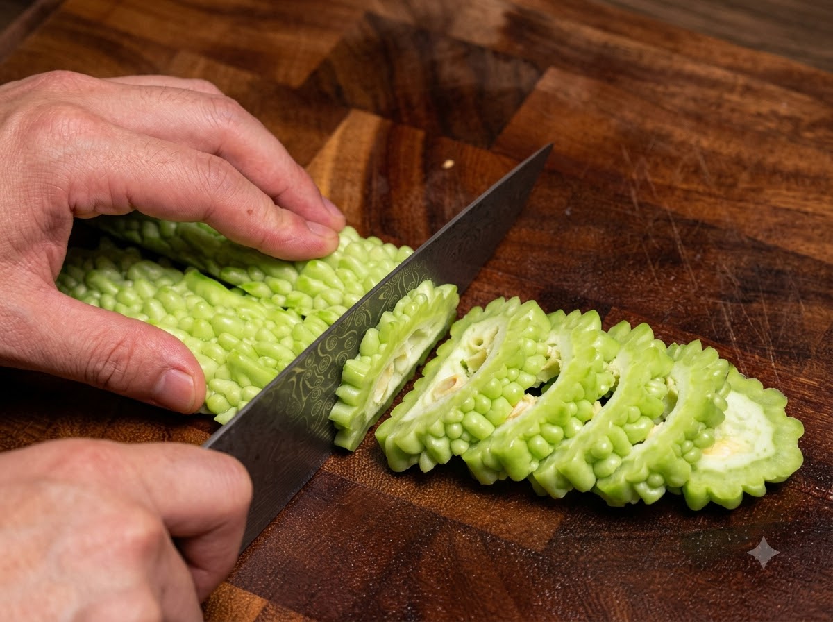 Grüne Bittermelone wird auf einem Holzschneidebrett in dicke Scheiben geschnitten.
