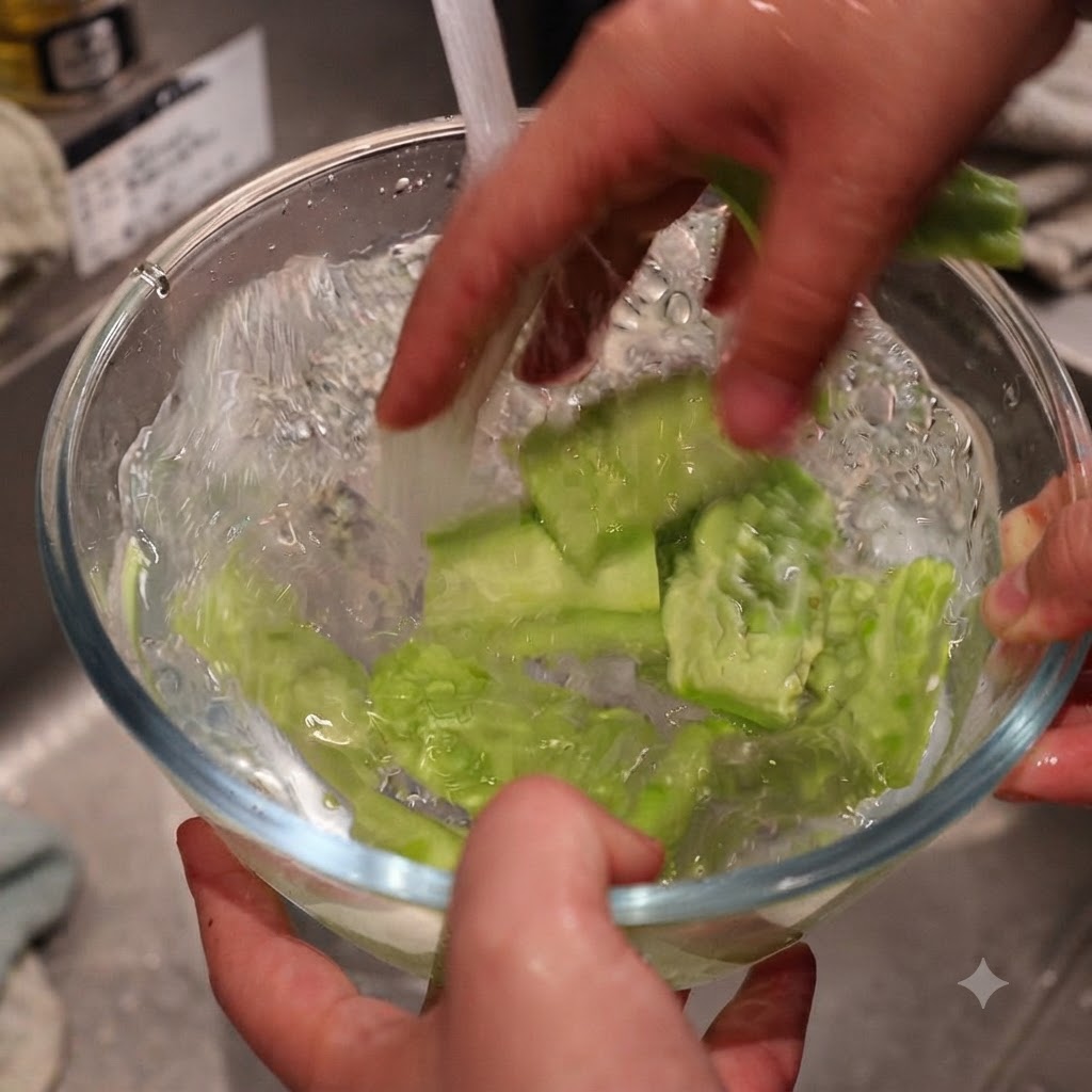 Hände waschen Bittermelonenstücke in einer Glasschüssel mit gesalzenem Wasser.