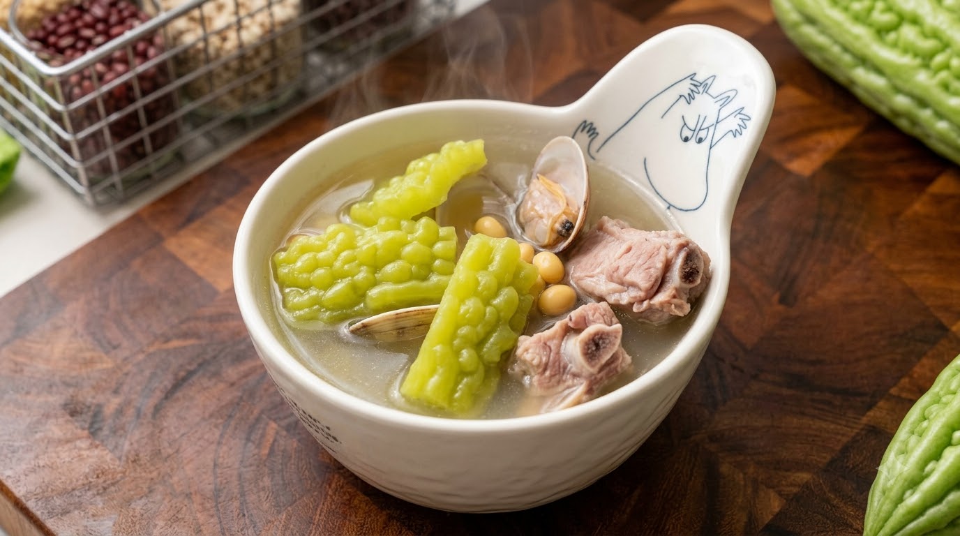 Bittermelonen-Suppe mit Schweinerippchen, Venusmuscheln und Sojabohnen