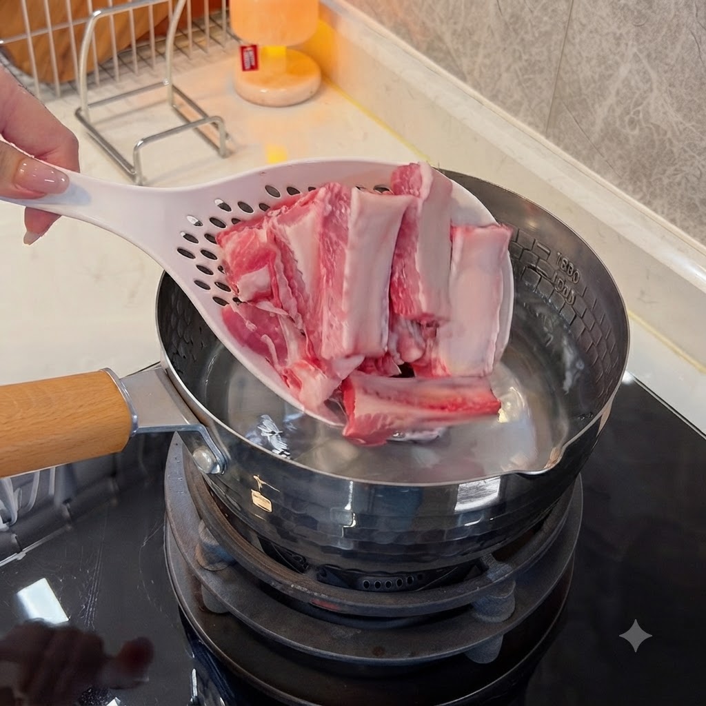 Ein Schaumlöffel lässt rohe Schweinerippchenstücke in einen mit kaltem Wasser gefüllten Edelstahl-Topf hinab.