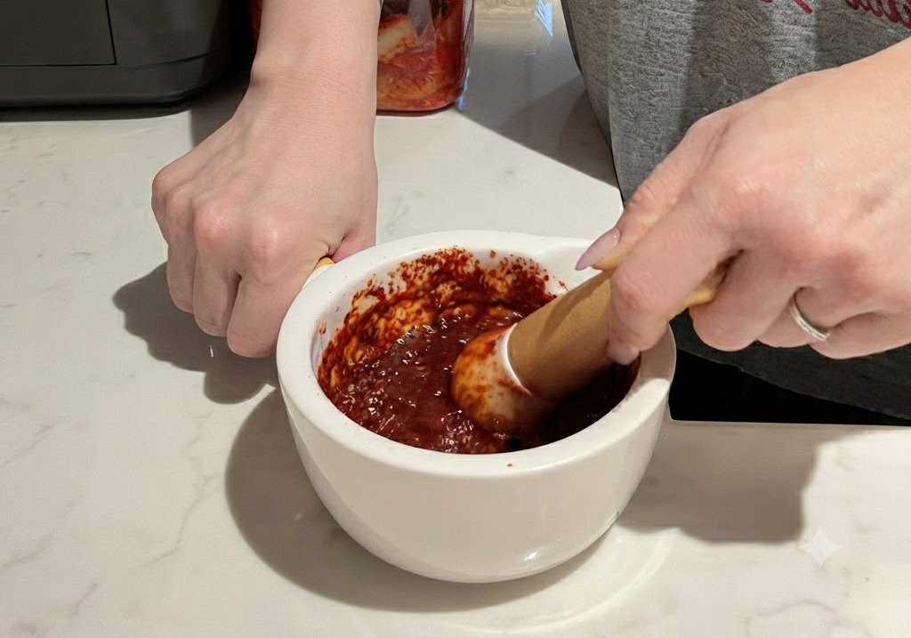 Rote Chili- und Knoblauchpaste wird in einem weißen Keramikmörser mit einem Holzstößel zerstoßen.