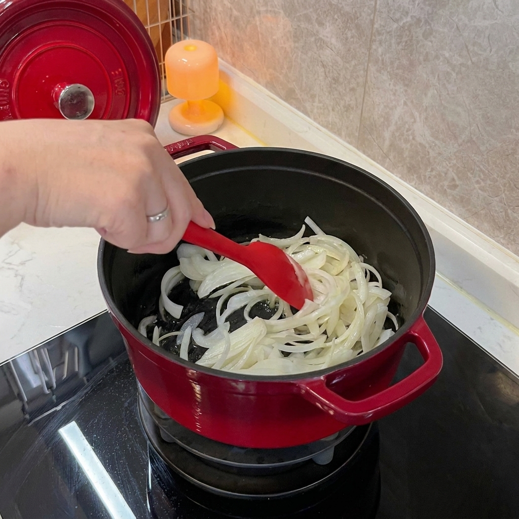 Geschnittene weiße Zwiebeln werden in einem roten Gusseisentopf mit einem roten Silikonspatel angebraten.
