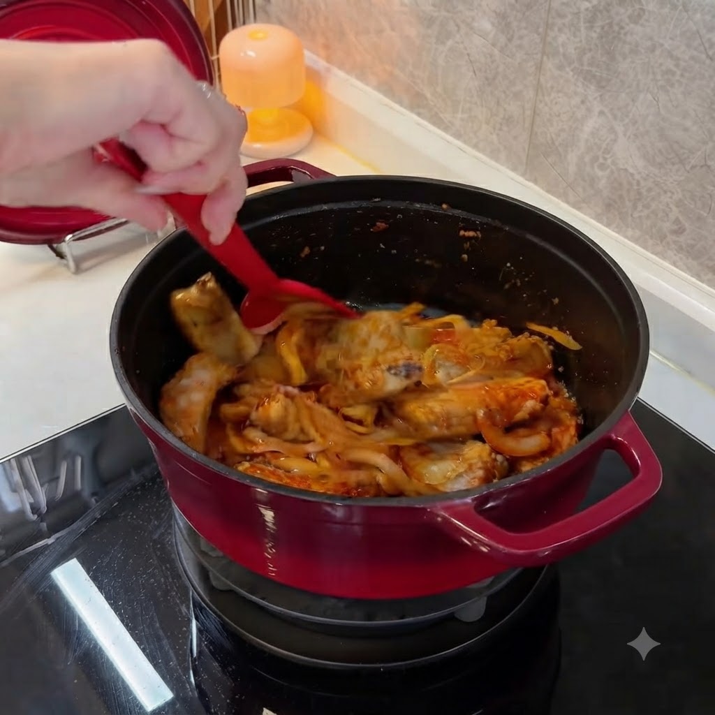 Ein roter Kochtopf auf einem Herd, in dem Rippchen und Zwiebeln mit einem roten Silikonspatel vermischt werden.