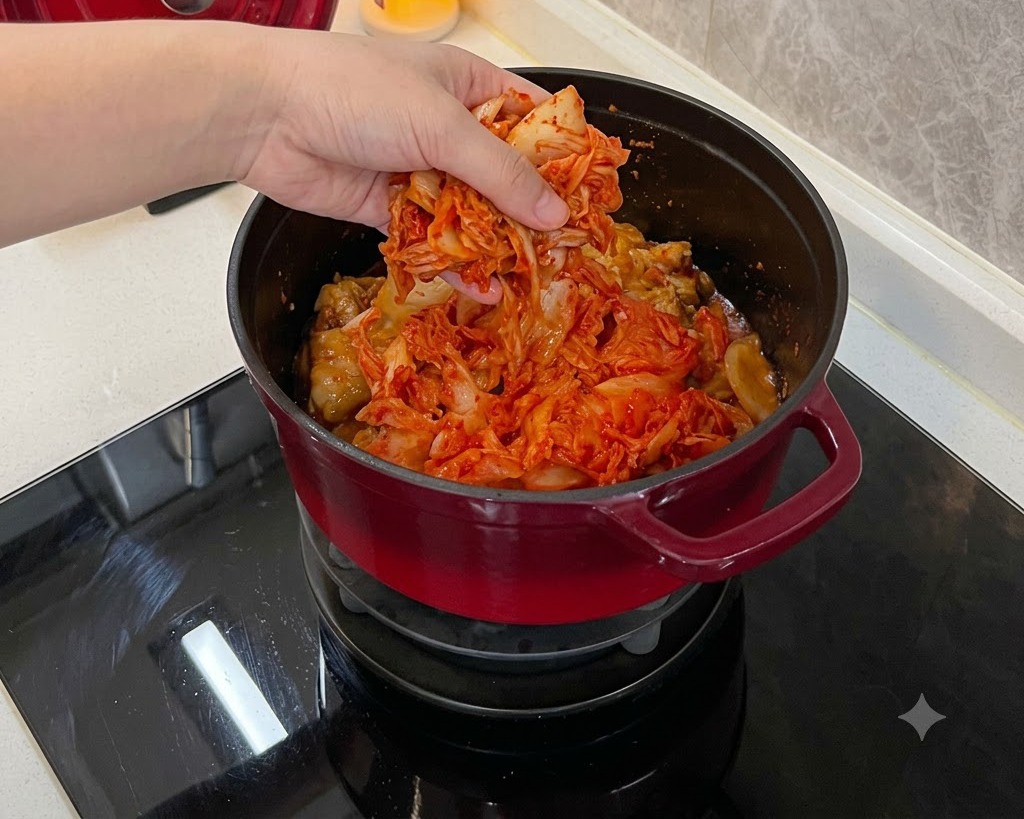 Eine Hand legt einen großen Haufen hellrotes, fermentiertes Kimchi über Schweinerippchen in einen Topf.