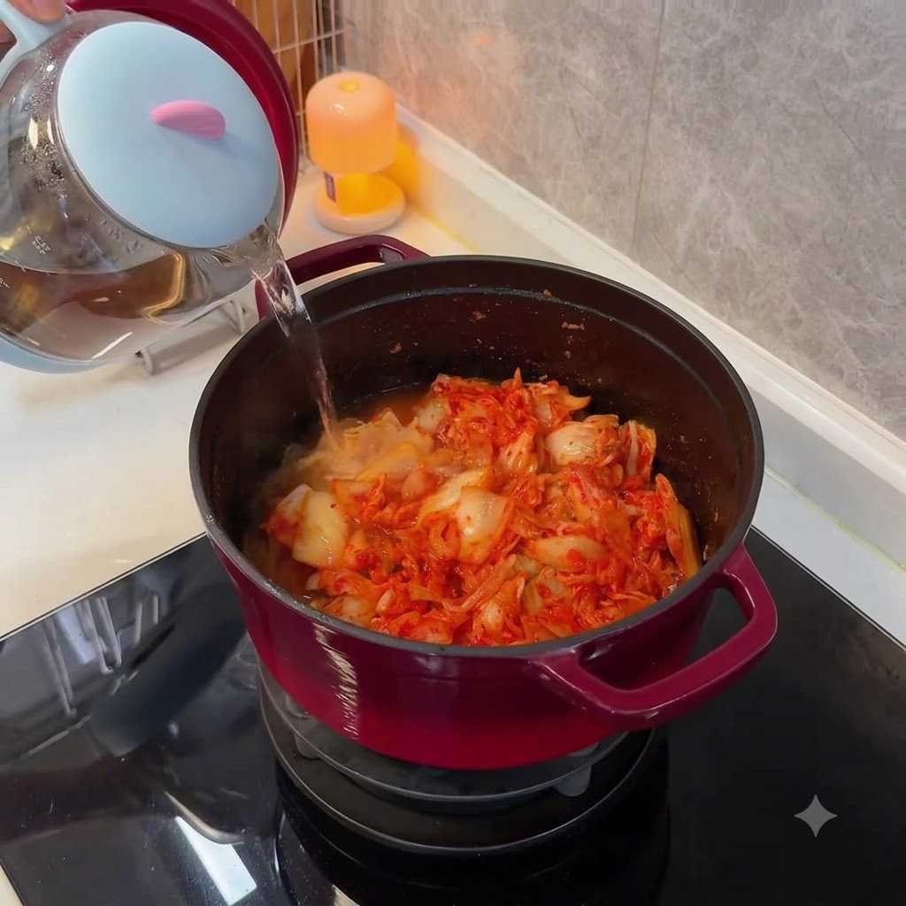 Klares, heißes Wasser wird aus einem Glaskocher in einen mit Kimchi gefüllten roten Topf gegossen.