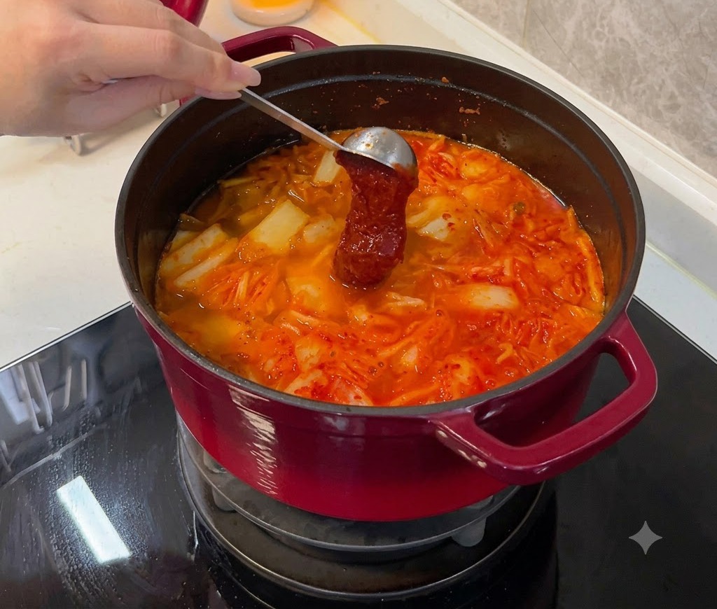 Ein Löffel mit dicker roter Gochujang-Paste wird in einen köchelnden Kimchi-Eintopf getaucht.