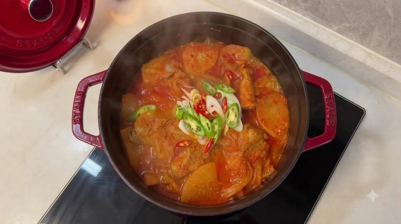 Ein köchelnder Topf mit würzigem koreanischem Kimchi-Schweinerippchen-Eintopf, garniert mit frischen grünen und roten Chilis und weißen Frühlingszwiebelringen