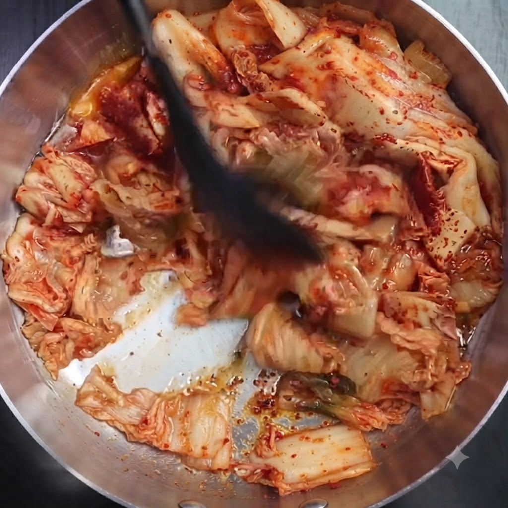 Kimchi und Chilipulver werden in einem Topf mit einem Kochutensil angebraten.