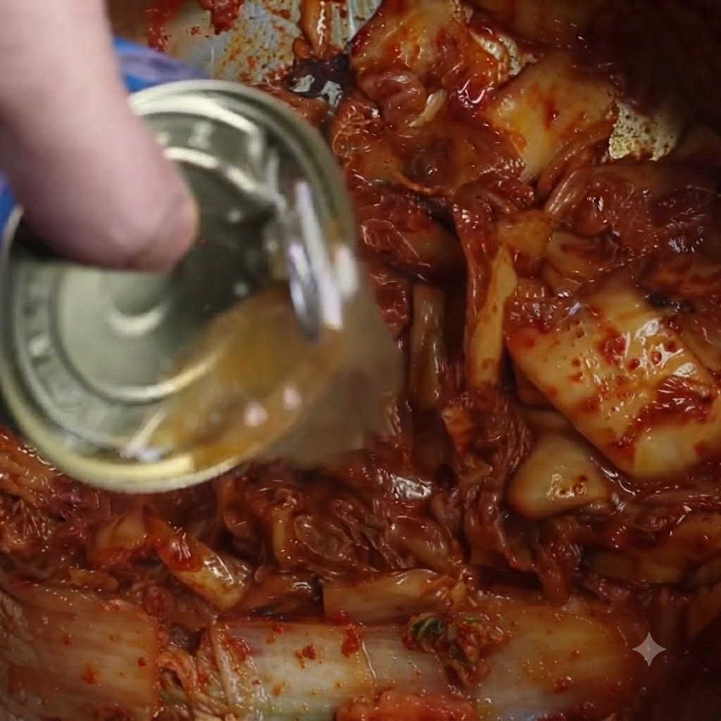 Flüssigkeit aus einer Fischdose wird in einen Topf mit angebratenem Kimchi gegossen.