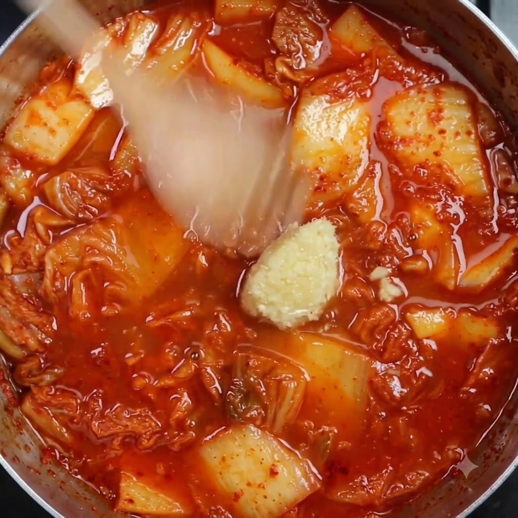 Gehackter Knoblauch und flüssige Gewürze ruhen in einer rot schimmernden Kimchi-Brühe.