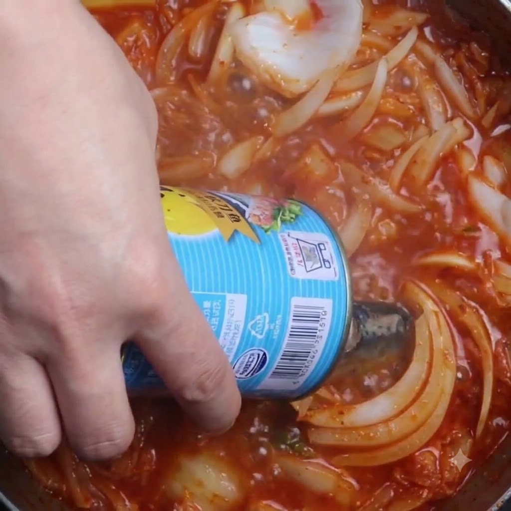 Fischstücke werden aus einer Dose in einen köchelnden Topf mit Brühe und Zwiebeln gegeben.