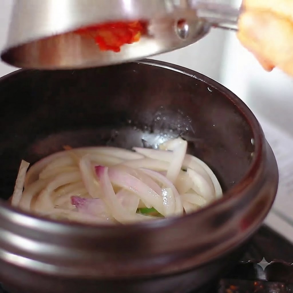 Rotes Chilipulver und Kimchi werden aus einem Metallbehälter in den Topf mit Zwiebeln gefüllt.