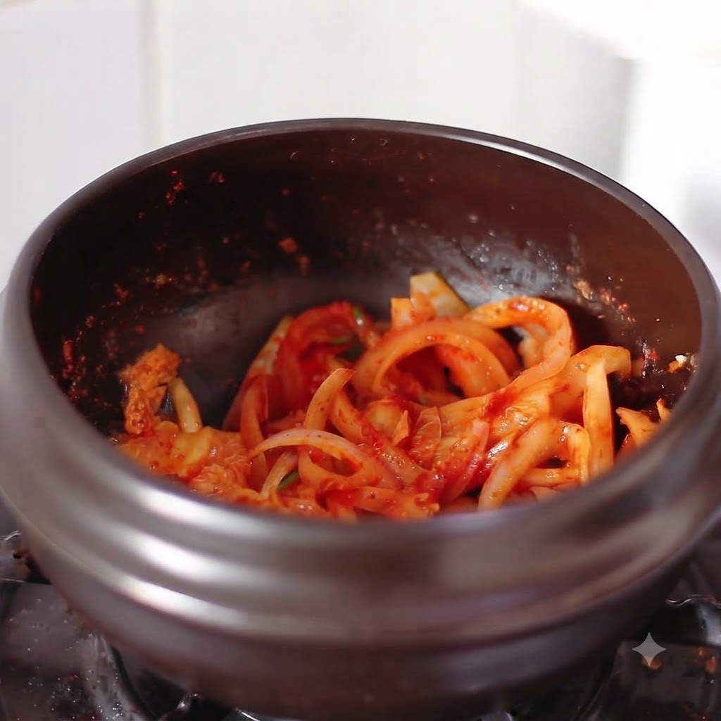 Die angebratene Kimchi-Zwiebel-Mischung köchelt nach Zugabe der Flüssigkeiten im dunklen Topf.