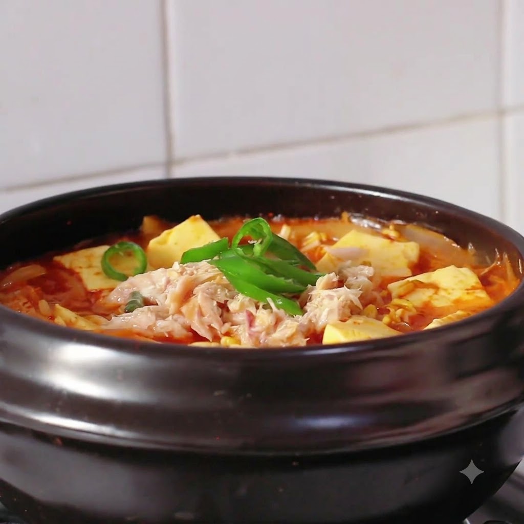 Eine heiße Schüssel Kimchi-Thunfisch-Tofu-Suppe, garniert mit grünen und roten Chiliringen sowie weißen Sesamsamen.