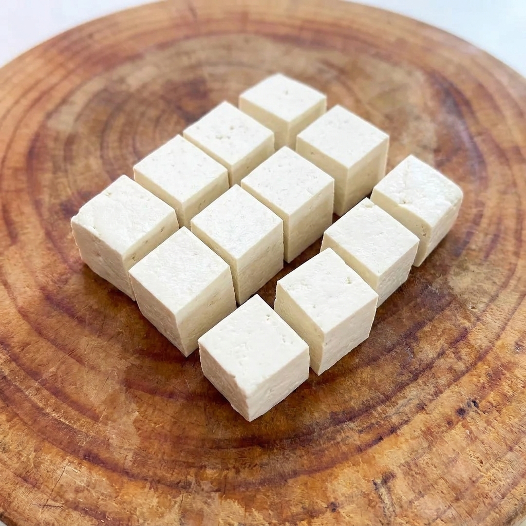 Perfekt geschnittene weiße Tofuwürfel ordentlich auf einem Holzschneidebrett angeordnet.