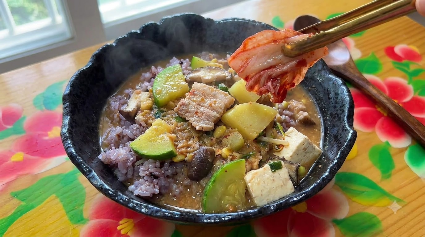 Eine wärmende Schüssel Doenjang Jjigae, serviert mit lila Reis und frischem Kimchi.
