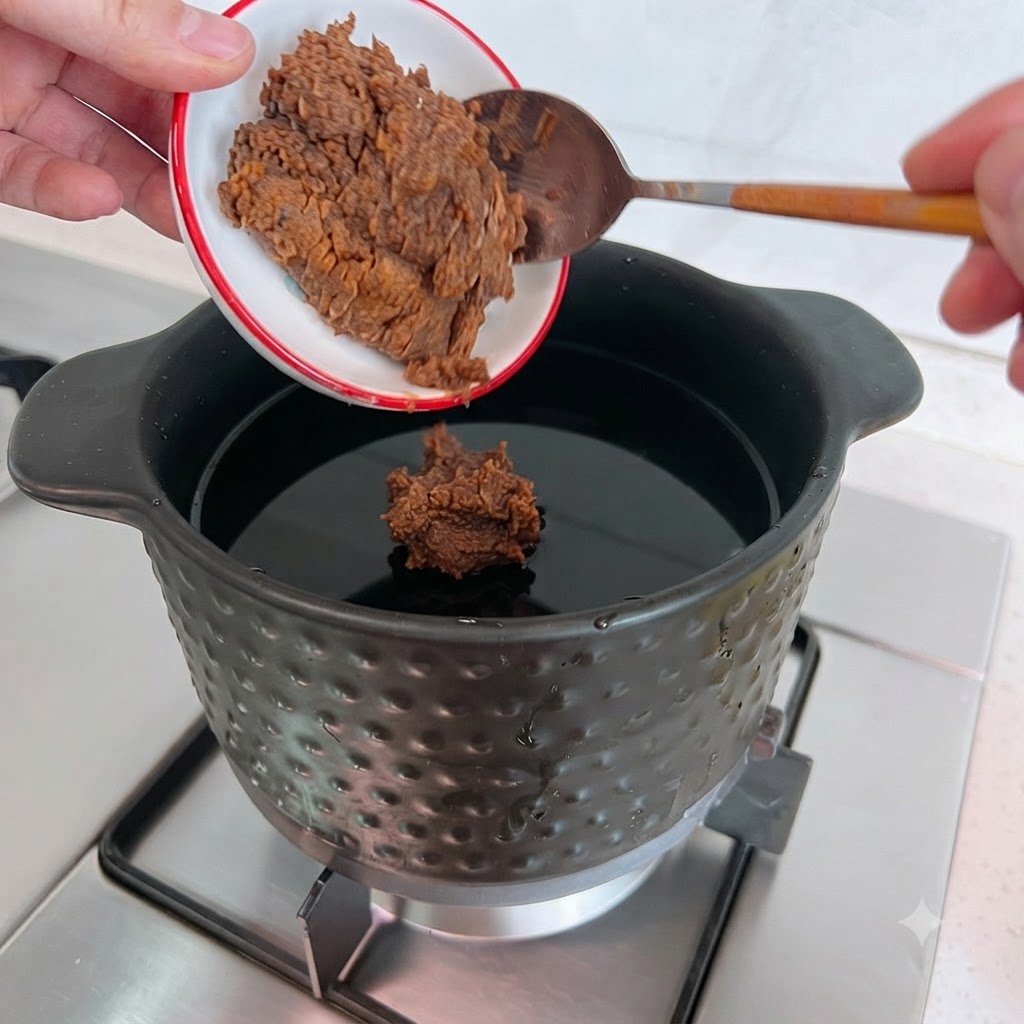 Zwei Löffel Sojapaste werden in einen Topf mit kochendem Wasser gegeben.
