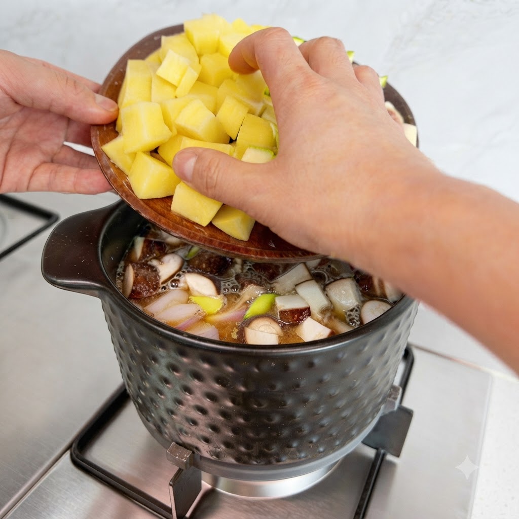 Gewürfelte gelbe Kartoffeln und Zucchini werden von einem Holztablett in den Kochtopf gegeben.