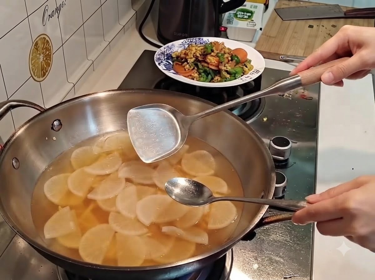 Ein Pfannenwender und ein Löffel rühren einen Topf mit kochender Suppe, Rettich und Brühe um.
