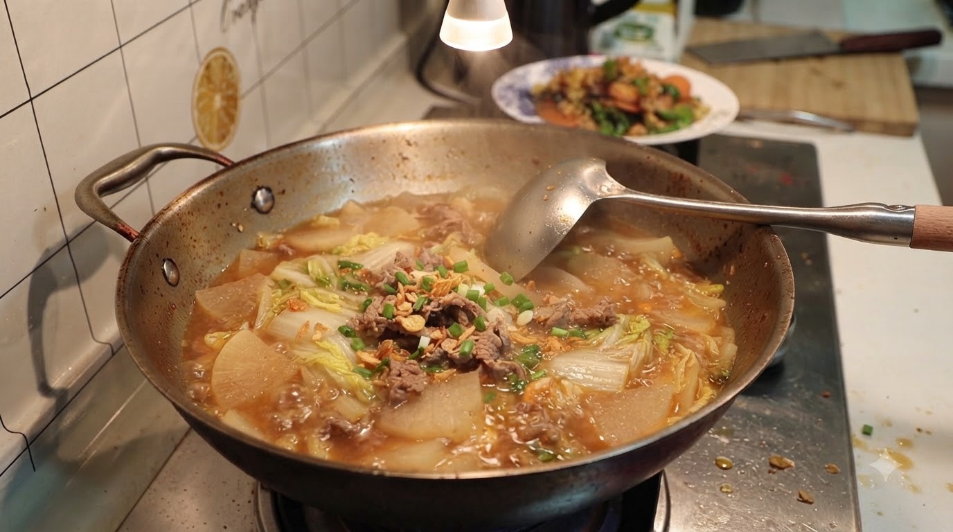 Rettich-Chinakohl-Suppe mit Rindfleisch