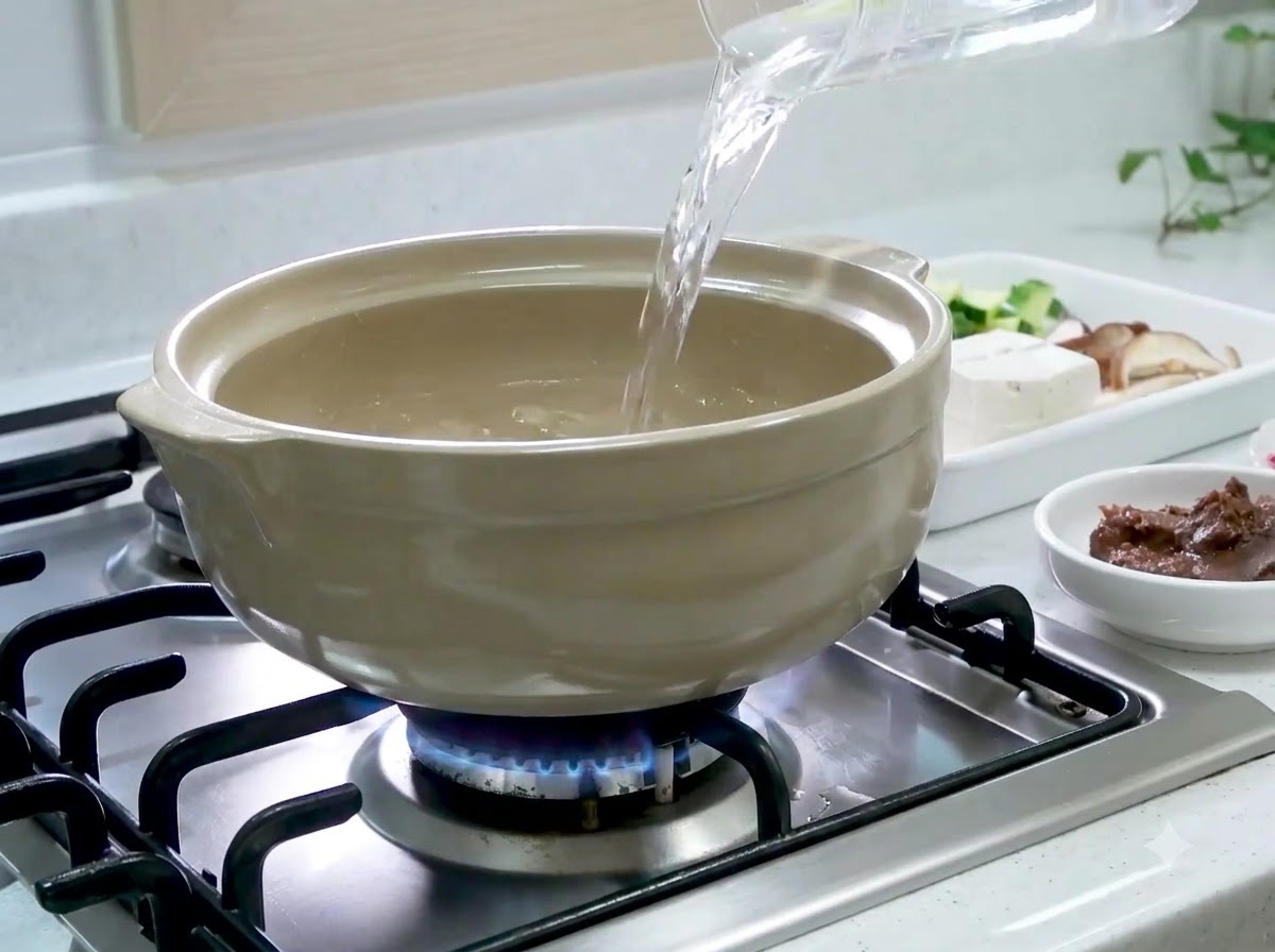 Wasser wird aus einem durchsichtigen Messbecher in einen beigen Keramiktopf auf einem brennenden Gasherd gegossen.