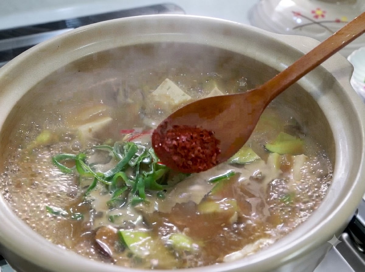 Ein Holzlöffel mit rotem Chilipulver über einem kochenden Topf mit koreanischem Sojabohnenpaste-Eintopf.