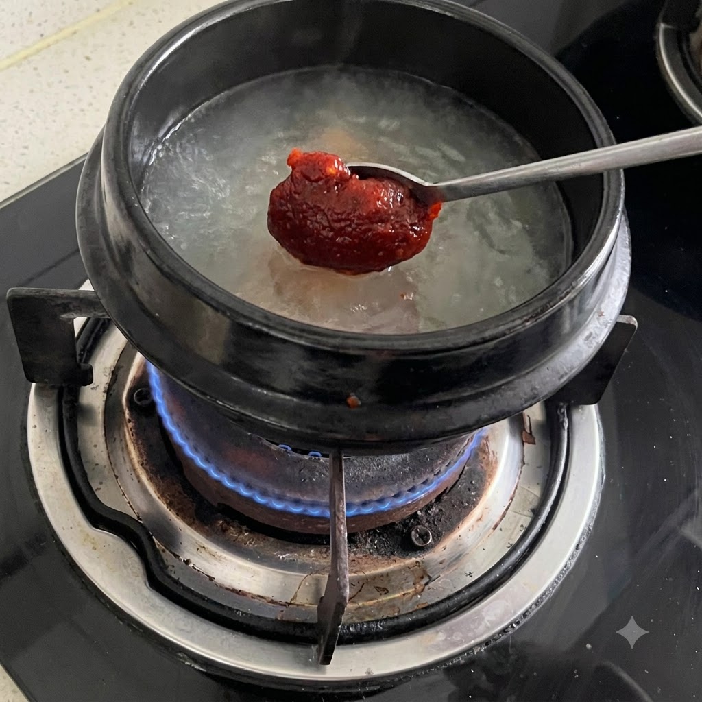 Ein Löffel mit Ssamjang-Paste über einem köchelnden Topf mit Brühe.